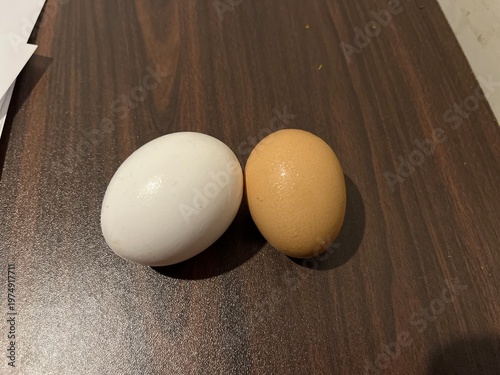 Minimalist composition of two contrasting eggs brown and white on dark wooden grain surface