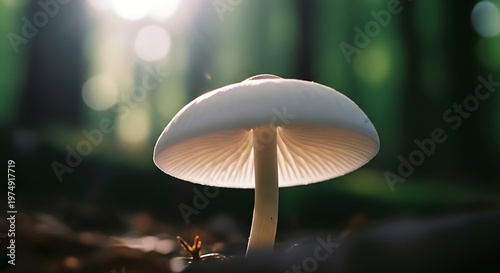 Single white mushroom growing in a lush dark forest with soft sunlight