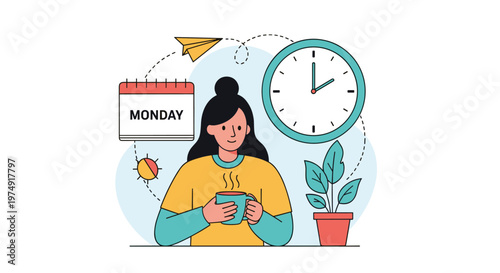 Relaxed woman starting her Monday morning with a cup of hot coffee surrounded by symbols of time, planning, and sunlight.