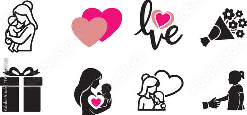 Collection of mother baby love hearts gift bouquet handshake simple silhouette motherhood