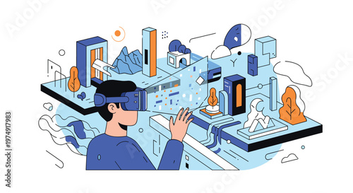 Man immersed in a virtual reality experience wearing a headset and interacting with a complex three dimensional geometric environment.