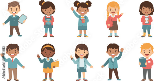 Cartoon School Kids Set with Books, Tablets, and School Supplies for Education, Learning, and Back-to-School Designs