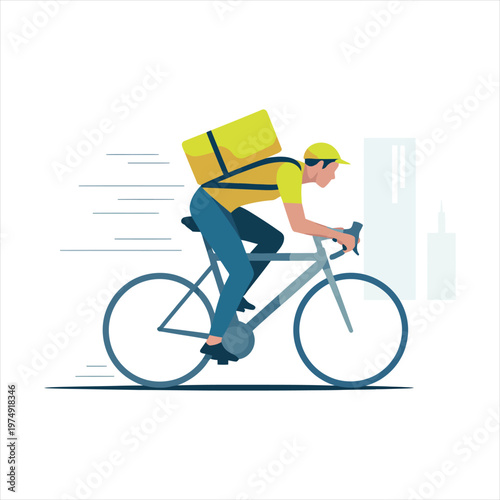 Fast food delivery by bicycle courier. man on bike with yellow backpack delivering order in city