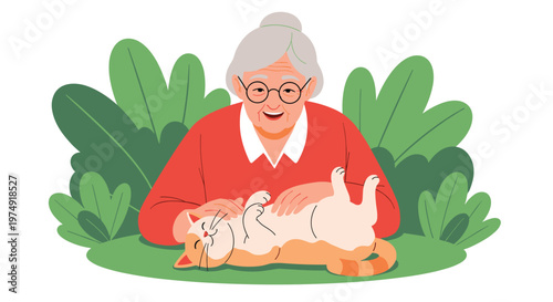 Happy elderly woman with gray hair and glasses gently petting a ginger cat in a lush green garden setting for companionship and joy.