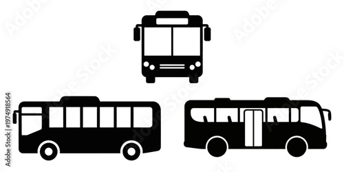 Black and white bus silhouettes front side and angled views