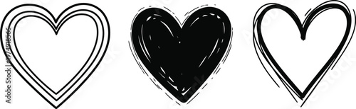 Three black and white heart illustrations a study in form and texture representing love and affection