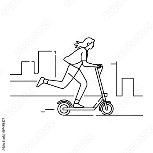 Young woman riding electric kick scooter in urban city landscape