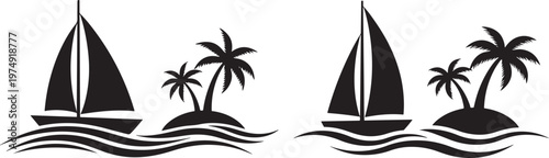 Two black silhouette icons featuring sailboats on waves next to small tropical islands with palm trees symbolizing travel vacation exotic destinations palm tree sailboat tropical vacationtwo, black, 
