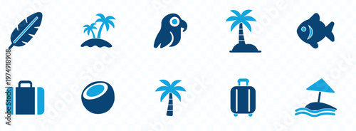 A collection of blue icons depicts tropical vacation elements including palm trees a parrot and travel accessories high quality professional detailed modern elegant