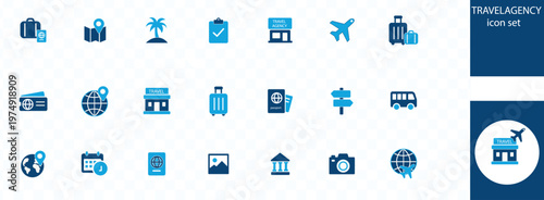 A collection of twenty two blue travel icons depicts various aspects of vacation planning and tourism including transportation and destinations high quality professional