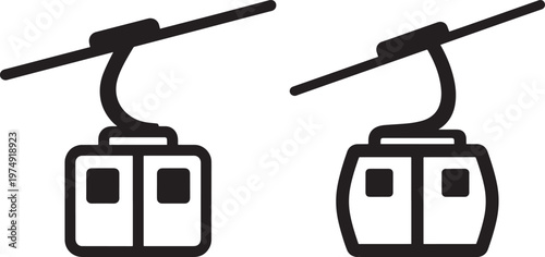 Two black silhouette icons of cable car cabins suspended on a wire representing mountain transport ski lifts or scenic aerial travel with ski lift transport mountain minimalist vacation elevated