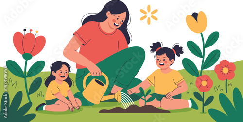 Mother and two daughters watering a plant in a garden with flowers gardening family