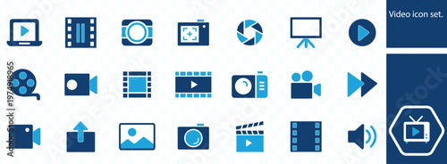 A collection of flat blue video and photography icons representing various media formats and equipment high quality professional detailed modern elegant stylish clean