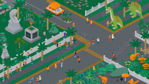 Isometric view of a jurassic park with people and dinosaurs