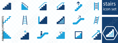 A collection of various stair and escalator icons depicted in a flat blue design style against a white background high quality professional detailed