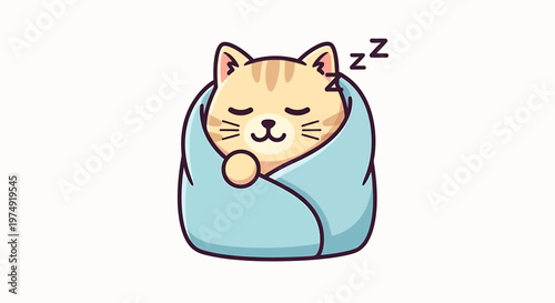 Sleeping cat wrapped in blanket cartoon.