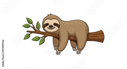 A cartoon sloth hanging on branch.