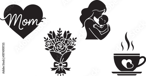 Black silhouette mother holding baby heart bouquet and coffee cup love
