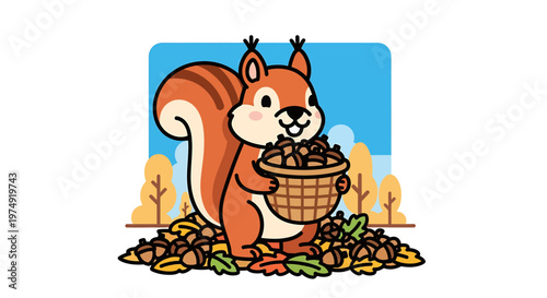 A cartoon squirrel holding a basket of nuts.