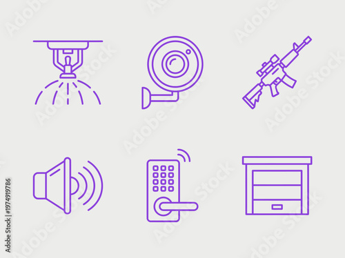 Security system defense icon set showing surveillance camera weapon alarm keypad and fire sprinkler vector