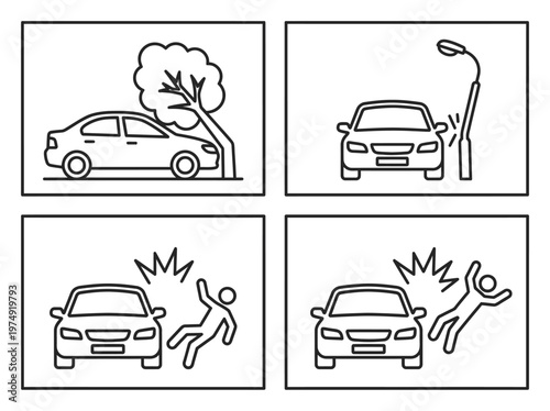 Car accident insurance claim concept showing vehicle hitting tree pedestrian and street pole vector outline