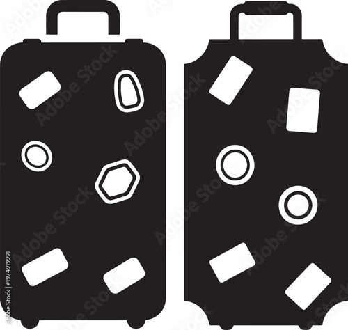 Two black suitcase silhouette icons featuring various travel stickers representing packed baggage for international tourism global trips and vacation luggage suitcase vacation stickers silhouette