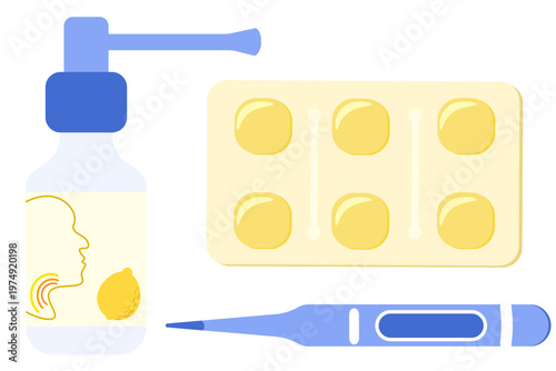 Clip art set of a lemon-flavored throat spray, a blister pack of yellow lozenges, and a blue digital thermometer. Cold and flu treatments. Ideal for healthcare, pharmacy, and seasonal illness content.