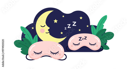 Whimsical night illustration featuring a crescent moon and stars next to two soft pink sleep masks representing rest and dreams.