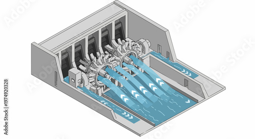 Isometric Technical Illustration of a Hydroelectric Dam Power Station with Water Turbines and Jets for Renewable Green Energy Generation