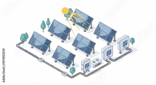 Isometric Solar Power Plant Illustration with Photovoltaic Panels and Energy Inverters for Renewable Energy Concepts