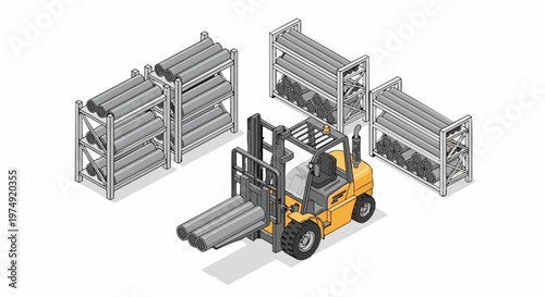 Isometric Warehouse Logistics Illustration with Forklift Truck Carrying Industrial Steel Pipes on Storage Racks