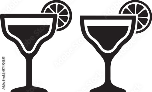 Cocktail glass icons with lemon slice garnish black silhouette for bar and restaurant menu design cocktail margarita beverage restaurant celebration refreshment daiquiri stemware vacation