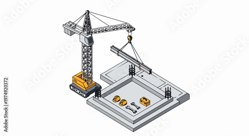 Isometric Construction Site Illustration with Crane, Steel Beam, and Building Foundation