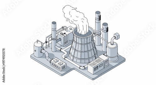 Isometric Line Art Illustration of an Industrial Factory and Power Plant with Cooling Tower and Smoking Chimney on White Background