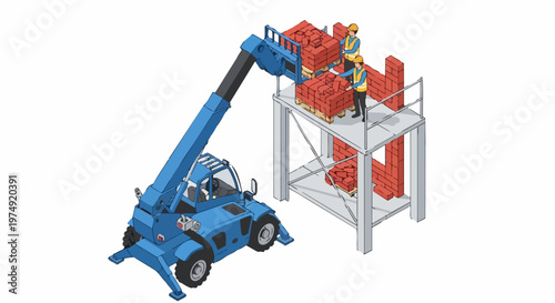 Isometric Illustration of a Telehandler Forklift Lifting Pallet of Bricks to Construction Workers on a Platform, Building a Masonry Wall on White Background