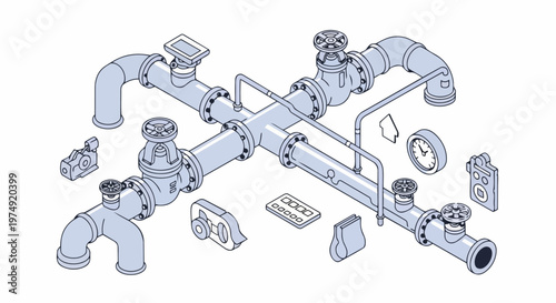 Technical Isometric Diagram of Industrial Pipe Network with Valves, Gauges, and Connection Flanges