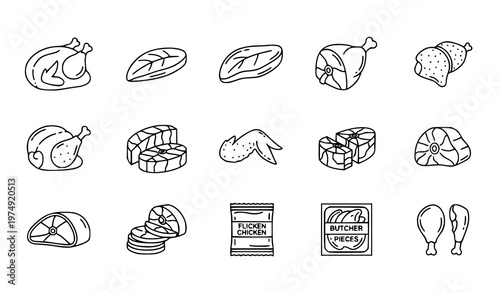 Poultry Chicken Meat Thin Line Icons Food Cuts Outline Vector Collection