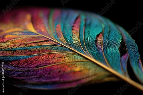 Iridescent feather detail with vibrant colors on black background