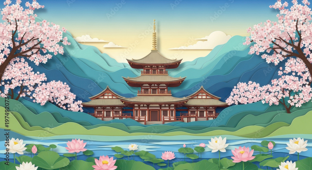 Fototapeta premium Ancient Japanese temple pagoda with traditional architecture stands amidst a spring morning garden under a clear sky as a historic landmark of Asian culture