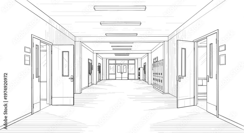 Fototapeta premium school hallway sketch, architectural line drawing, educational building interior