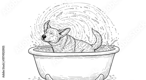 dog relaxing in bathtub, line art illustration, splash, bath time