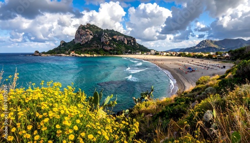 Scenic coastal view featuring a sandy beach, turquoise water, lush flowers, and a dramatic rock formation