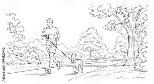 Man jogging with dog in park, line art sketch, outdoor exercise
