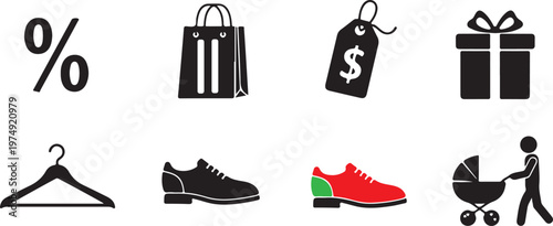 Collection of various shopping and retail icons on white background