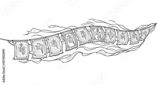 Tibetan prayer flags waving in wind, line art illustration, spiritual concept