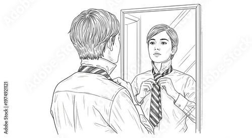 Person adjusting tie in mirror, sketch illustration, business preparation