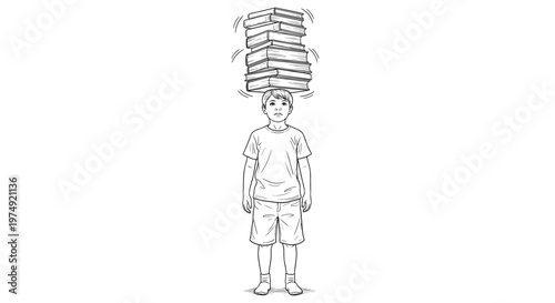 Boy carrying heavy stack of books, student burden concept, isolated illustration