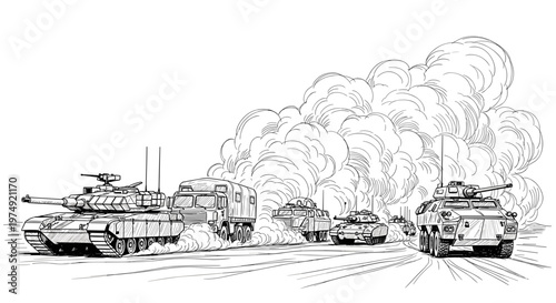 Military convoy of tanks and armored vehicles in motion, line drawing