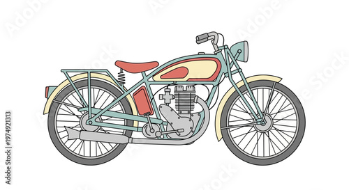 Vintage motorcycle with red seat.