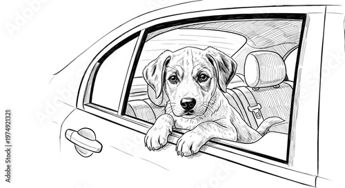 Puppy looking out car window, sketch illustration, travel, adventure